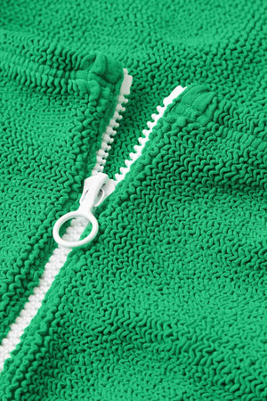 Dallas Swim in Emerald by Hunza G, square-neck crinkle one-piece with front zip and scooped back for a bold retro look.