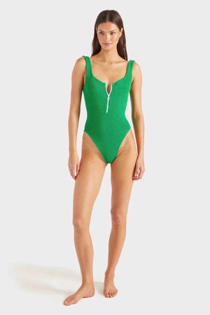 Dallas Swim in Emerald by Hunza G, square-neck crinkle one-piece with front zip and scooped back for a bold retro look.