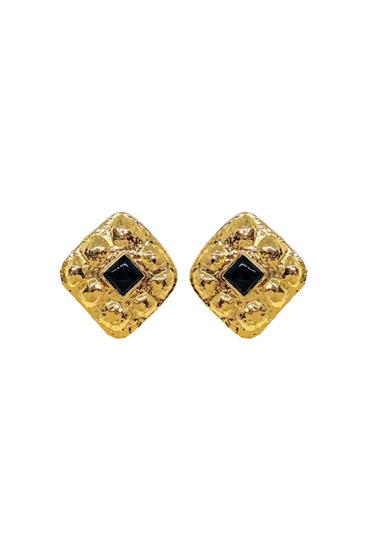 Daphne Earrings Gold by Mountain and Moon – hammered gold earrings with Black Onyx gemstone and sculptural silhouette.