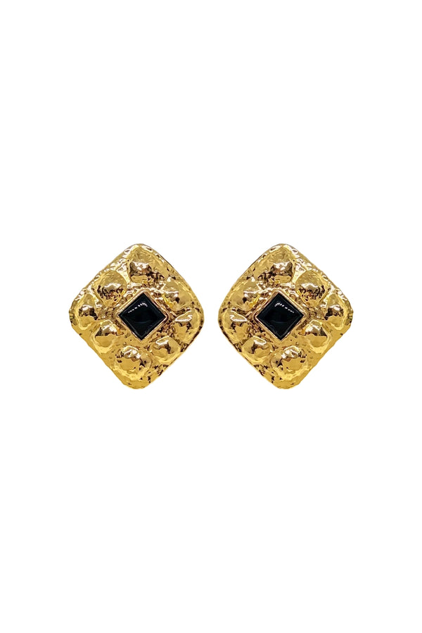 Daphne Earrings Gold by Mountain and Moon – hammered gold earrings with Black Onyx gemstone and sculptural silhouette.