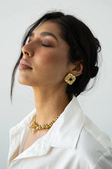 Daphne Earrings Gold by Mountain and Moon – hammered gold earrings with Black Onyx gemstone and sculptural silhouette.