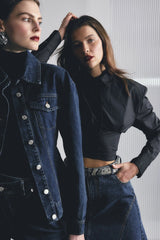 Darcy Shirt in Black by Mossman, a structured cropped cotton shirt with shoulder pads and exposed button front.