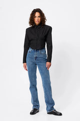 Darcy Shirt in Black by Mossman, a structured cropped cotton shirt with shoulder pads and exposed button front.