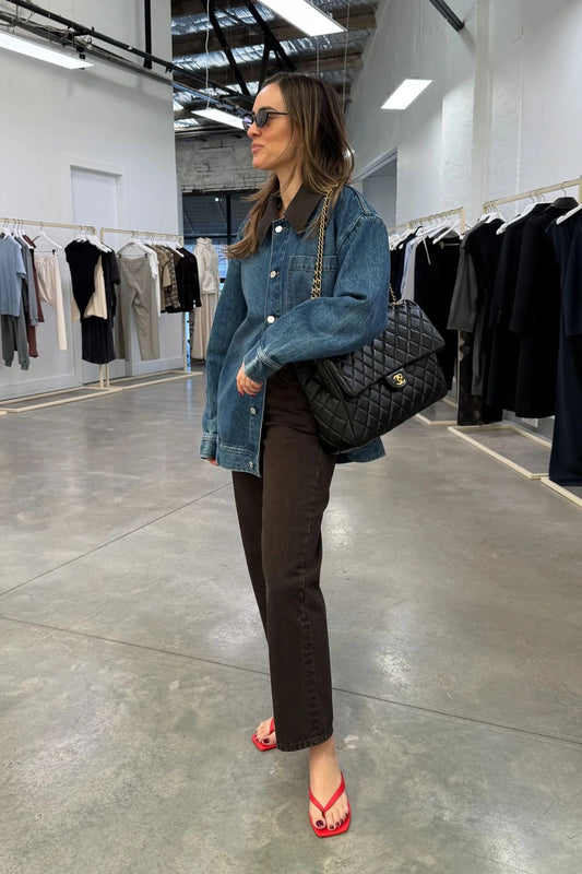 Daria Denim Jean by Camilla and Marc, a mid-rise cropped straight leg jean in espresso brown with classic five-pocket design.