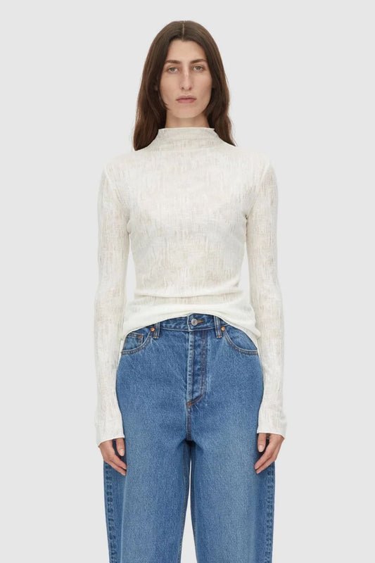 Daya Long Sleeve Top in Cream by Camilla and Marc, fitted funnel neck top with clean lines, high neckline, and baylock finishing, made from 60% acrylic, 20% wool, and 20% nylon.