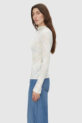 Daya Long Sleeve Top in Cream by Camilla and Marc, fitted funnel neck top with clean lines, high neckline, and baylock finishing, made from 60% acrylic, 20% wool, and 20% nylon.
