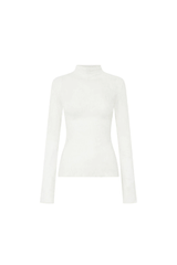 Daya Long Sleeve Top in Cream by Camilla and Marc, fitted funnel neck top with clean lines, high neckline, and baylock finishing, made from 60% acrylic, 20% wool, and 20% nylon.