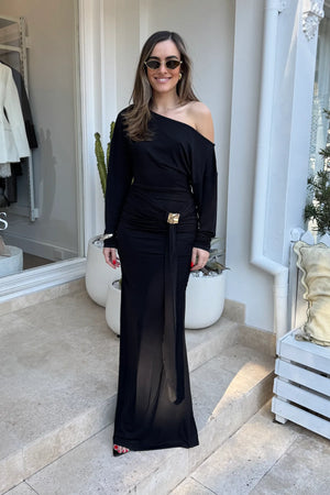 Dee Maxi Dress Black by Sneaky Link, off shoulder maxi dress with soft drape. Perfect for events or elevated everyday styling.