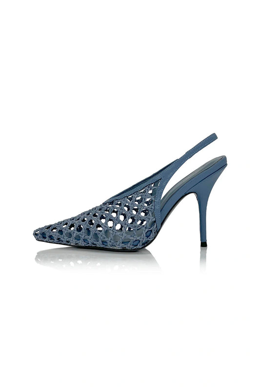 Deji Denim Crochet by Alias Mae, pointed toe slingback with crochet upper and 11cm heel, a trendy piece perfect for weddings, parties or chic nights out.