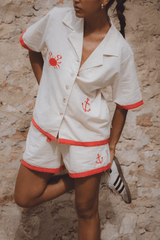 Del Mar Shirt Set Lobster Red by Araminta James, linen blend set with embroidered details. Perfect for beach days or relaxed holiday outfits.