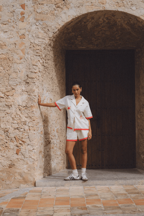 Del Mar Shirt Set Lobster Red by Araminta James, linen blend set with embroidered details. Perfect for beach days or relaxed holiday outfits.