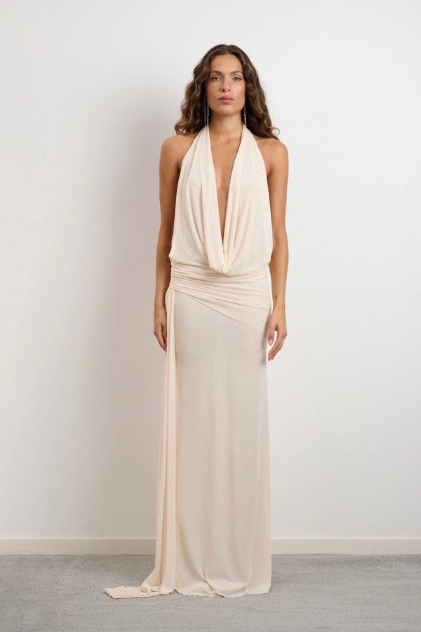 Delia Dress by DŽO – a halter maxi with cowl neckline and ruched waist. Perfect for statement evening styling.