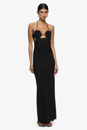 Delila Spiral Maxi Dress Black by Bec + Bridge – halter maxi dress with sculptural spiral bust detail and sleek silhouette.