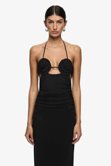 Delila Spiral Maxi Dress Black by Bec + Bridge – halter maxi dress with sculptural spiral bust detail and sleek silhouette.