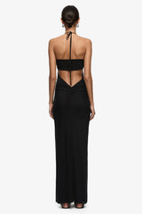 Delila Spiral Maxi Dress Black by Bec + Bridge – halter maxi dress with sculptural spiral bust detail and sleek silhouette.