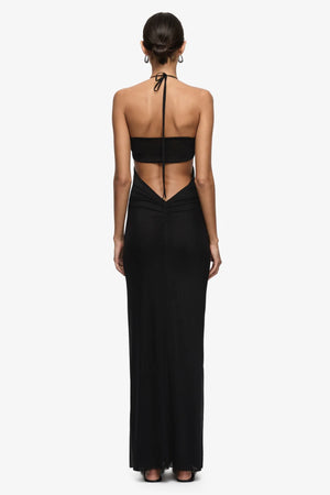 Delila Spiral Maxi Dress Black by Bec + Bridge – halter maxi dress with sculptural spiral bust detail and sleek silhouette.