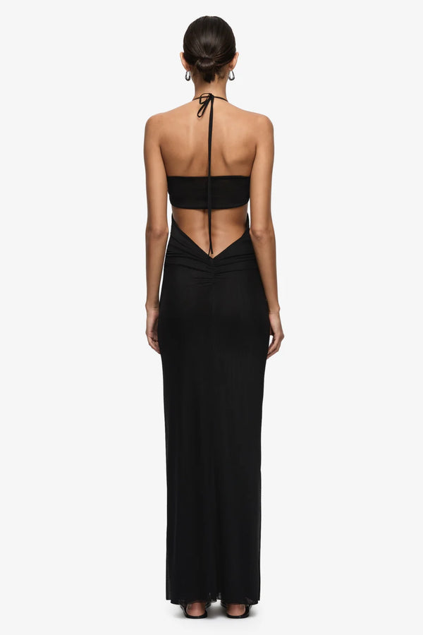 Delila Spiral Maxi Dress Black by Bec + Bridge – halter maxi dress with sculptural spiral bust detail and sleek silhouette.