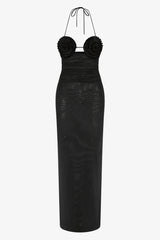 Delila Spiral Maxi Dress Black by Bec + Bridge – halter maxi dress with sculptural spiral bust detail and sleek silhouette.