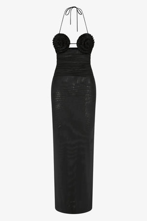 Delila Spiral Maxi Dress Black by Bec + Bridge – halter maxi dress with sculptural spiral bust detail and sleek silhouette.