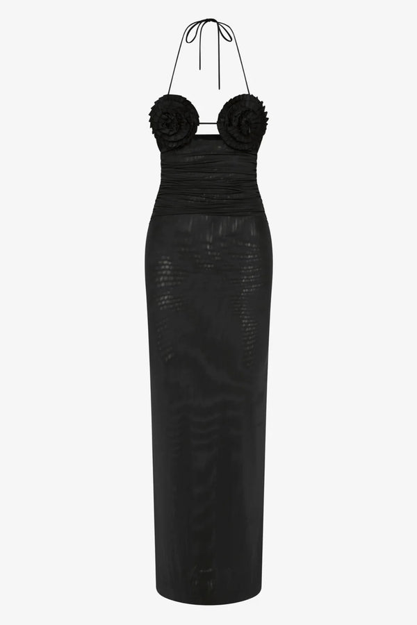 Delila Spiral Maxi Dress Black by Bec + Bridge – halter maxi dress with sculptural spiral bust detail and sleek silhouette.