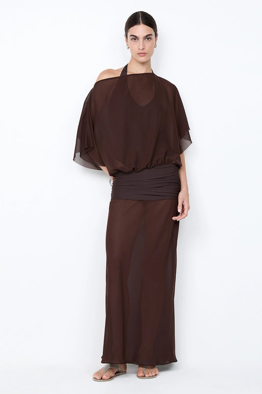 Delilah Overlay Dress in Dark Chocolate by Bec + Bridge, an off-shoulder sheer georgette maxi with removable slip for versatile, elegant occasions.