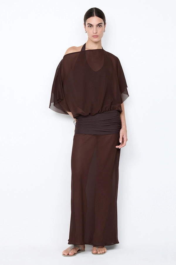 Delilah Overlay Dress in Dark Chocolate by Bec + Bridge, an off-shoulder sheer georgette maxi with removable slip for versatile, elegant occasions.