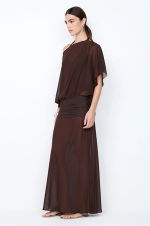 Delilah Overlay Dress in Dark Chocolate by Bec + Bridge, an off-shoulder sheer georgette maxi with removable slip for versatile, elegant occasions.
