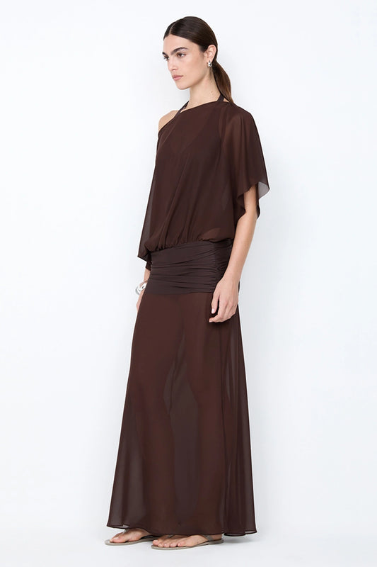 Delilah Overlay Dress in Dark Chocolate by Bec + Bridge, an off-shoulder sheer georgette maxi with removable slip for versatile, elegant occasions.