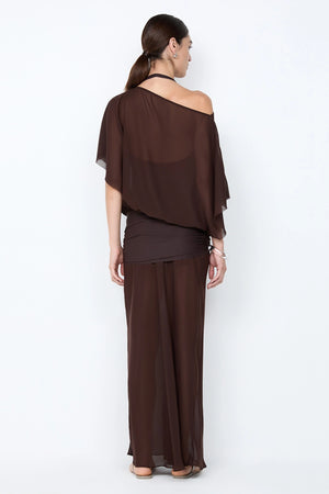 Delilah Overlay Dress in Dark Chocolate by Bec + Bridge, an off-shoulder sheer georgette maxi with removable slip for versatile, elegant occasions.