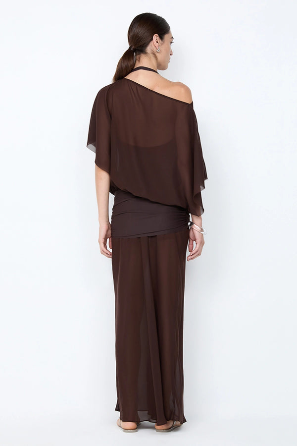Delilah Overlay Dress in Dark Chocolate by Bec + Bridge, an off-shoulder sheer georgette maxi with removable slip for versatile, elegant occasions.