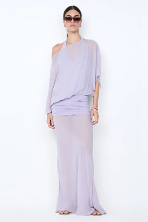 Delilah Overlay Dress in Wisteria by Bec + Bridge, an ethereal off-shoulder maxi with a sheer georgette overlay and removable slip for graceful elegance.