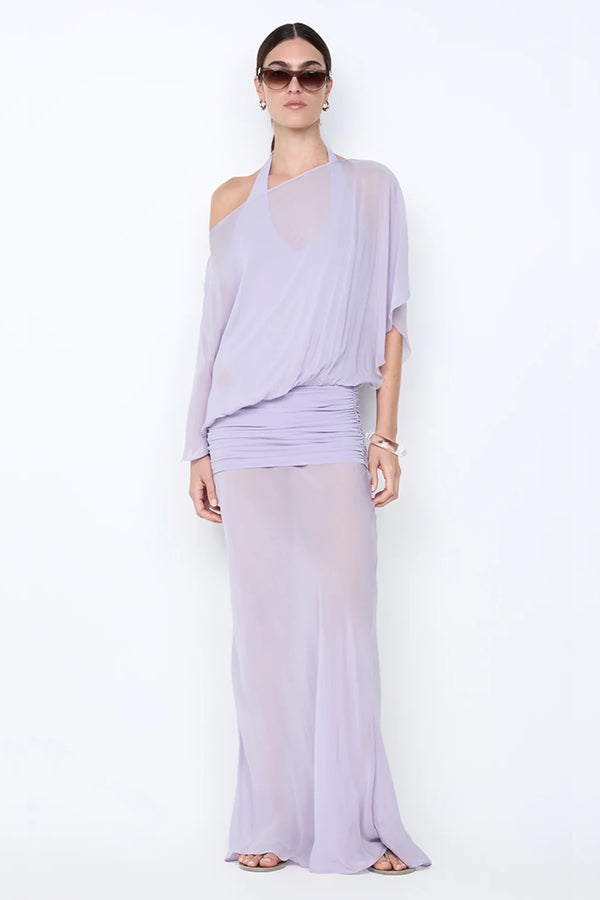 Delilah Overlay Dress in Wisteria by Bec + Bridge, an ethereal off-shoulder maxi with a sheer georgette overlay and removable slip for graceful elegance.