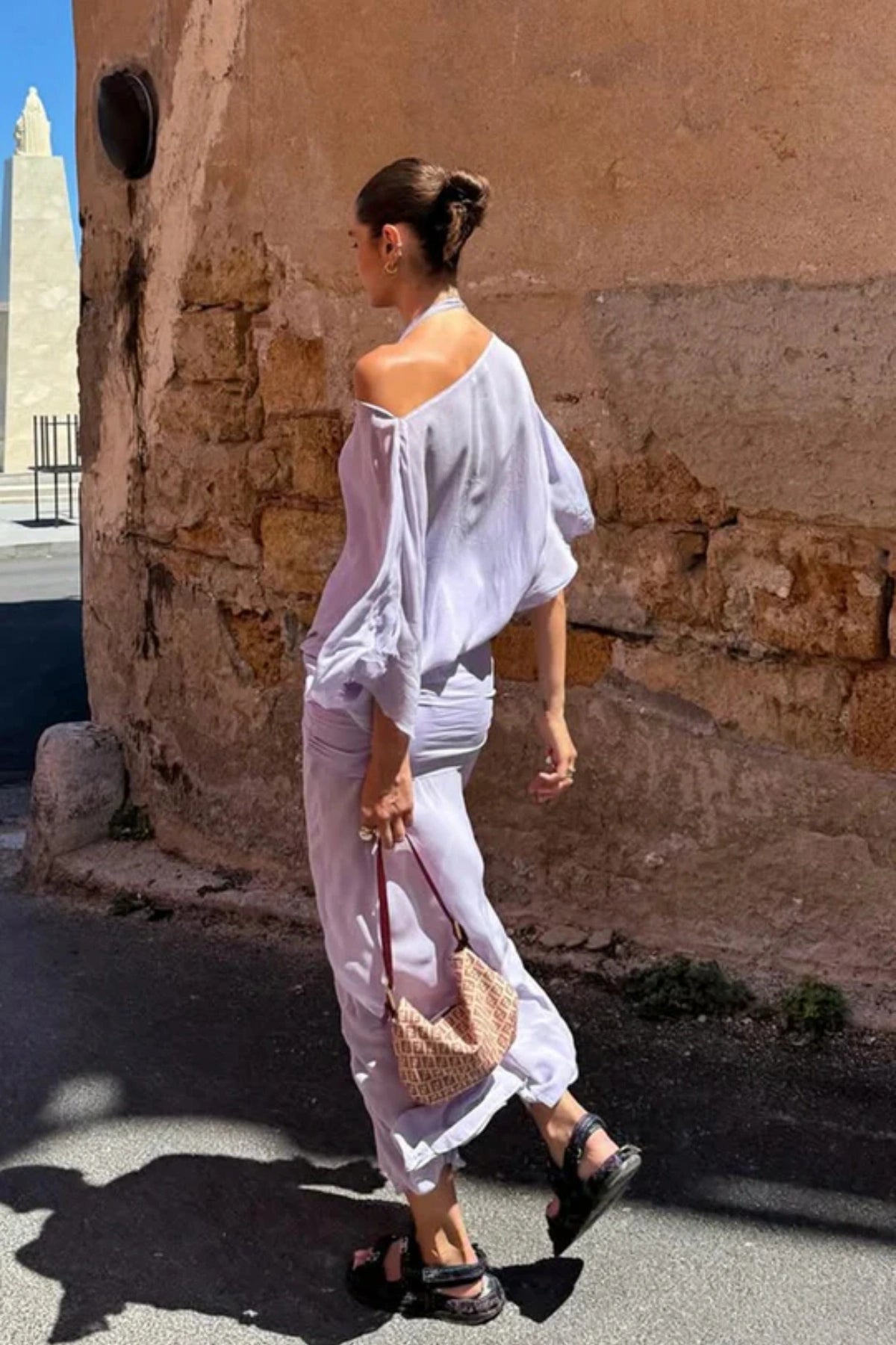 Delilah Overlay Dress in Wisteria by Bec + Bridge, an ethereal off-shoulder maxi with a sheer georgette overlay and removable slip for graceful elegance.