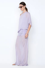 Delilah Overlay Dress in Wisteria by Bec + Bridge, an ethereal off-shoulder maxi with a sheer georgette overlay and removable slip for graceful elegance.