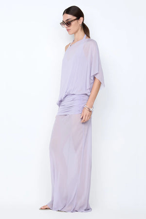 Delilah Overlay Dress in Wisteria by Bec + Bridge, an ethereal off-shoulder maxi with a sheer georgette overlay and removable slip for graceful elegance.
