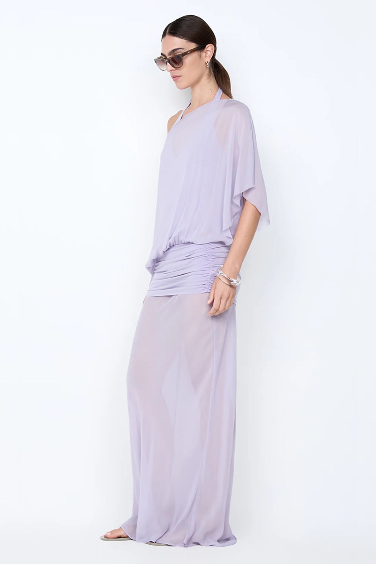 Delilah Overlay Dress in Wisteria by Bec + Bridge, an ethereal off-shoulder maxi with a sheer georgette overlay and removable slip for graceful elegance.