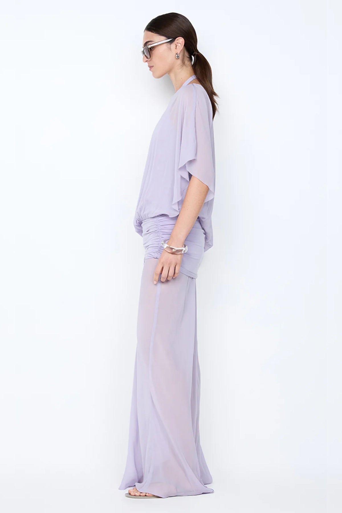 Delilah Overlay Dress in Wisteria by Bec + Bridge, an ethereal off-shoulder maxi with a sheer georgette overlay and removable slip for graceful elegance.