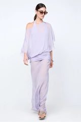 Delilah Overlay Dress in Wisteria by Bec + Bridge, an ethereal off-shoulder maxi with a sheer georgette overlay and removable slip for graceful elegance.