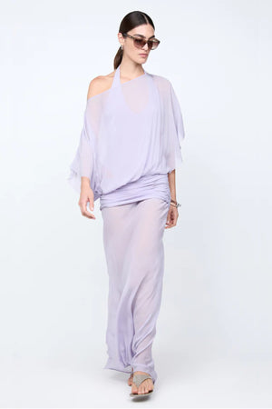 Delilah Overlay Dress in Wisteria by Bec + Bridge, an ethereal off-shoulder maxi with a sheer georgette overlay and removable slip for graceful elegance.