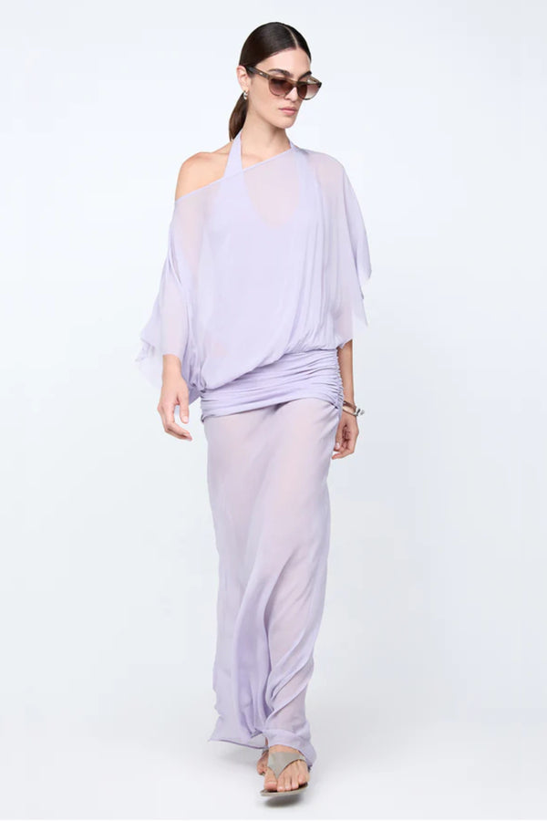 Delilah Overlay Dress in Wisteria by Bec + Bridge, an ethereal off-shoulder maxi with a sheer georgette overlay and removable slip for graceful elegance.