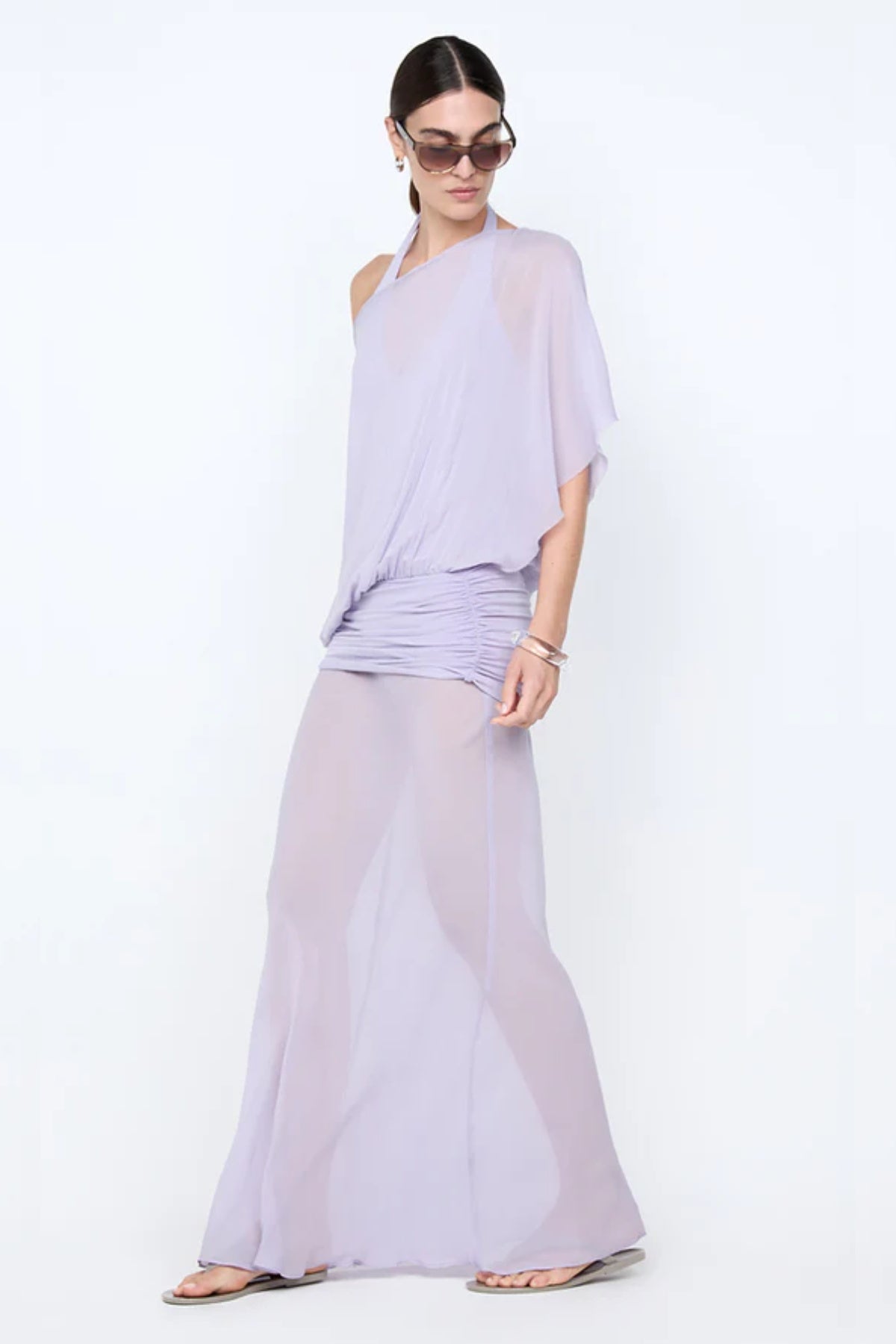 Delilah Overlay Dress in Wisteria by Bec + Bridge, an ethereal off-shoulder maxi with a sheer georgette overlay and removable slip for graceful elegance.
