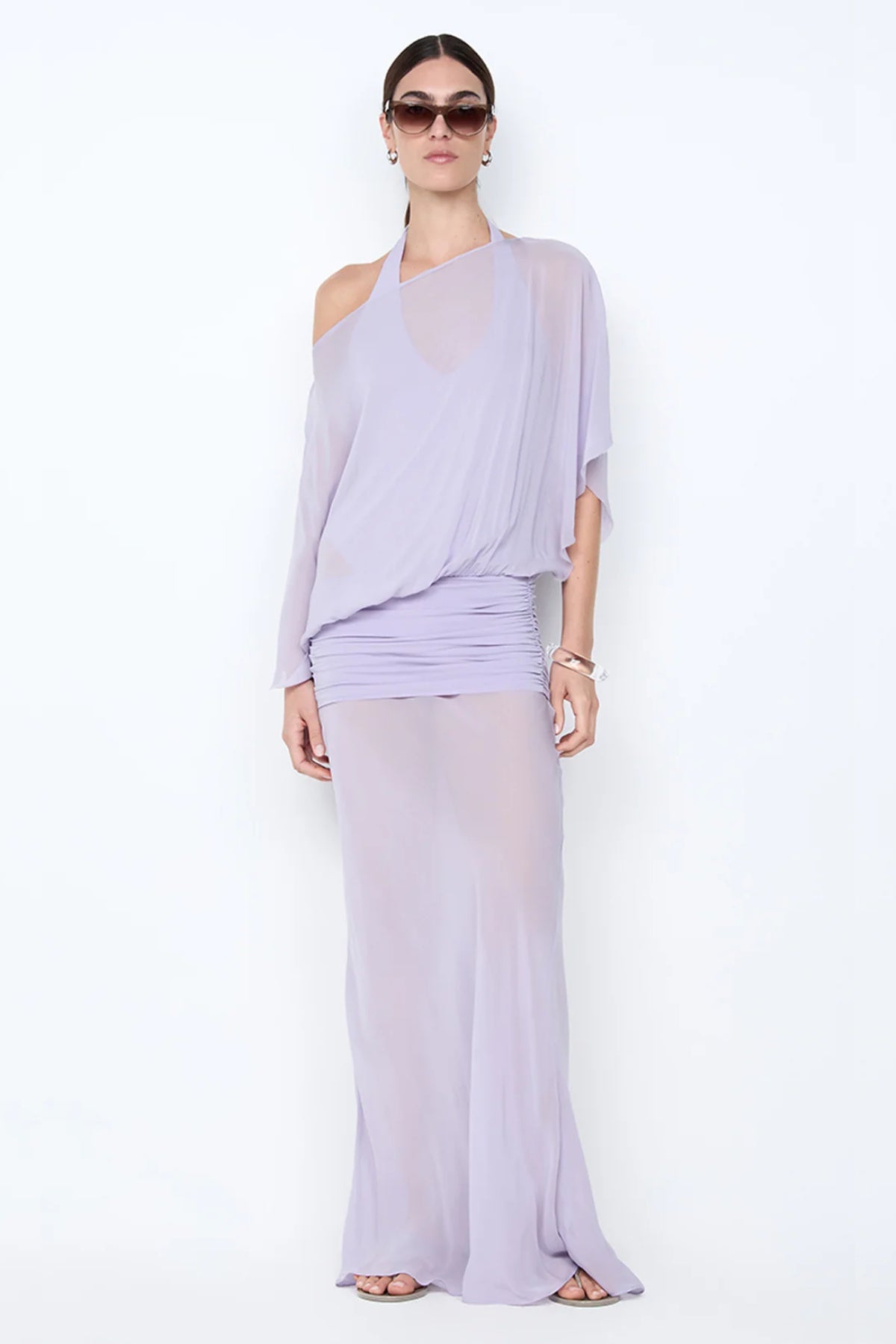Delilah Overlay Dress in Wisteria by Bec + Bridge, an ethereal off-shoulder maxi with a sheer georgette overlay and removable slip for graceful elegance.