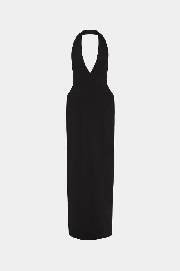 Delta Suiting Maxi Dress by Misha, a black halter gown with padded hips, corsetry seams, and back slit. Perfect for statement evenings.