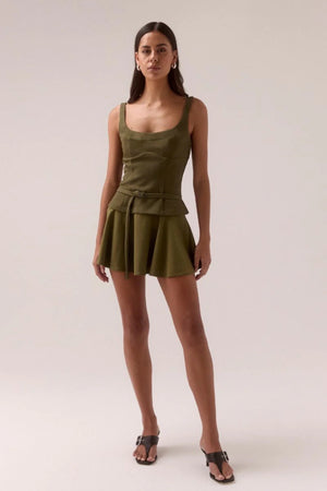 Demi Mini Dress Olive by Sovere, scooped neckline mini with belted waist and gathered skirt, a trendy piece perfect for chic days or nights.