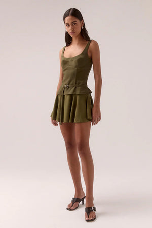 Demi Mini Dress Olive by Sovere, scooped neckline mini with belted waist and gathered skirt, a trendy piece perfect for chic days or nights.