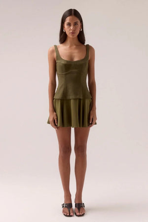 Demi Mini Dress Olive by Sovere, scooped neckline mini with belted waist and gathered skirt, a trendy piece perfect for chic days or nights.