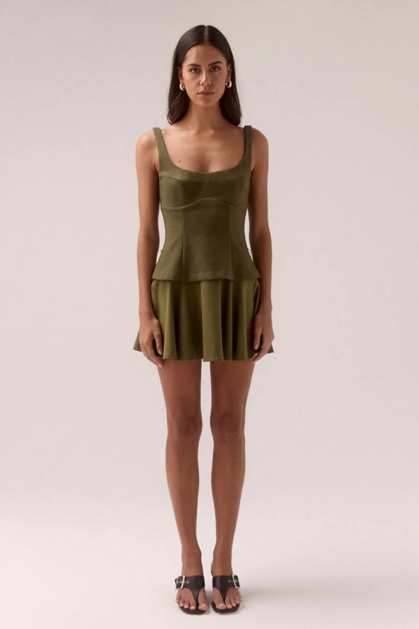 Demi Mini Dress Olive by Sovere, scooped neckline mini with belted waist and gathered skirt, a trendy piece perfect for chic days or nights.