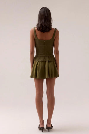 Demi Mini Dress Olive by Sovere, scooped neckline mini with belted waist and gathered skirt, a trendy piece perfect for chic days or nights.