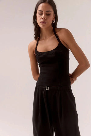 Demi Top Black by Sovere, halter top with scooped neckline and silver slider details, a trendy piece perfect for chic day to night styling.
