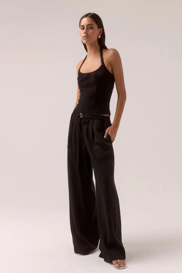 Demi Top Black by Sovere, halter top with scooped neckline and silver slider details, a trendy piece perfect for chic day to night styling.